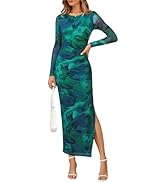 CFLONGE Long Sleeve Dress for Women Floral Print Ruched Wedding Guest Maxi Dresses Tight Fitted C...