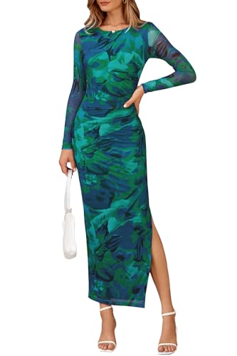 CFLONGE Long Sleeve Dress for Women Floral Print Ruched Wedding Guest Maxi Dresses Tight Fitted Cocktail Party Bodycon Dress