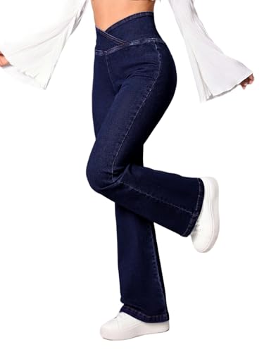 LifeShe Women's Crossover Flare Jeans Casual Bell Bottom High Waist Bootcut Denim Pants