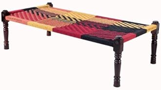 Solid Sheesham Wood Handmade Rajasthani Charpai | Cotton Rope Khatiya Charpai Single Bed Without Storage | Wooden Cot Bed | Khatiya-Khaat | 6X3 Feet | Colorful 011 (Black-Multi)