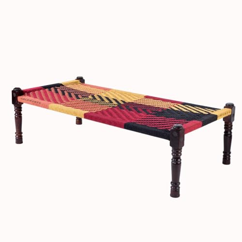 Solid Sheesham Wood Handmade Rajasthani Charpai | Cotton Rope Khatiya Charpai Single Bed Without Storage | Wooden Cot Bed | Khatiya-Khaat | 6X3 Feet | Colorful 011 (Black-Multi)