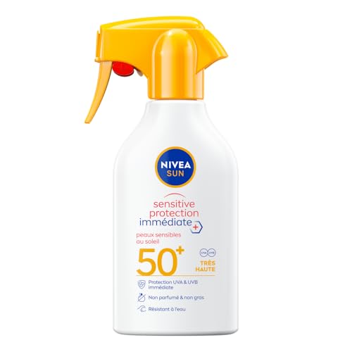 NIVEA SUN - Spray Solaire Sensitive Protection Immédiate Peaux Sensibles FPS 50+ (1 x 250 ml), Protection Anti UV Non Grasse et sans Parfum, Résistante à l'Eau