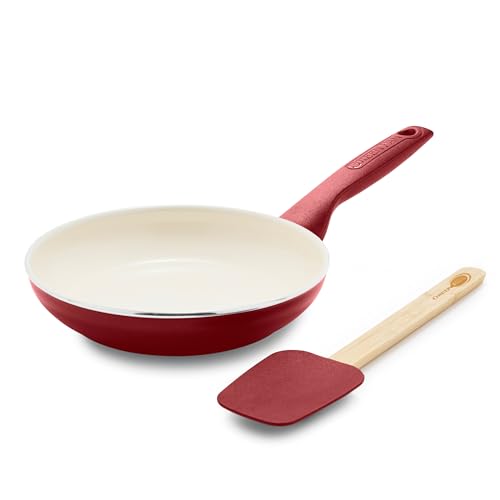 Image of GreenPan Rio Healthy Ceramic Nonstick 8 inch Frying Pan Skillet and Silicone Spatula Set, Soft Grip Handle, Breaktfast Meal Set, PFAS-Free, Dishwasher Safe, Oven Safe, Red