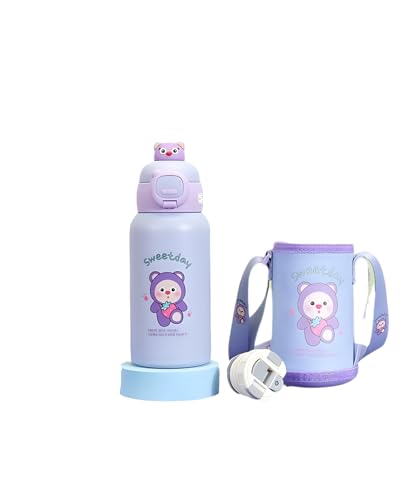 Image of Kids Stainless Steel Insulated Flask - 500ml Double Wall Vacuum Water Bottle, Leak Resistant Hot & Cold School Travel Drink Container for Boys & Girls - Purple