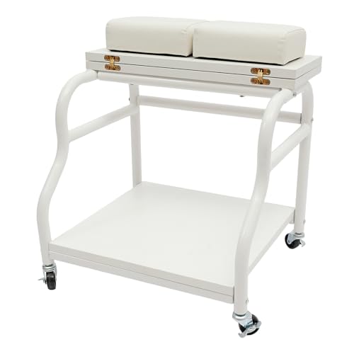 Pedicure Cart Portable Esthetician Trolley Cart for Manicure Beauty Salon Nail Foot Bath Spa Foot Rest PU Cushion Funiture Massage Table Salon Supply with Wheels (White)