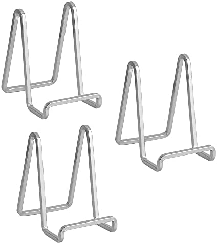 Plate Holder Easel Display Stand - 4.5 inch Metal Plate Stands for Display - Tabletop Picture Stand - Silver Iron Easels for Display Pictures | Photo Frames | Book | Decorative Plates | Plaque - 3 Pack