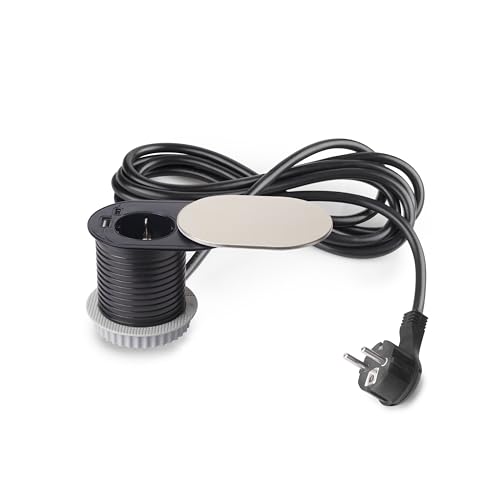 Emuca Multiconector con Tapa Deslizante Vertikal diámetro 60mm 1 Enchufe Tipo Schuko USB A C Acero