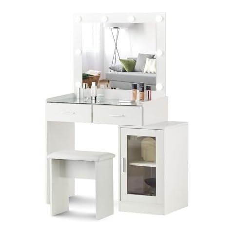 TUKAILAi White Dressing Table Set with Mirror Cover