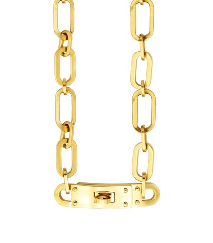 18K Gold Plated Turn Lock Necklace，Classical Fashion Stainless Steel Chain Necklace for Men and Womens
