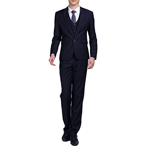 Men' 3 Piece Solid Color Suit Set Single Breasted Slim Jacket Vest Pants Formal Business Wedding Prom Blazer Sets (Dark Blue 1,3X-Large)