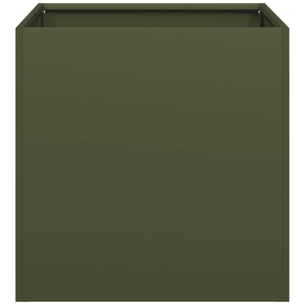 Donica na rośliny, oliwkowa zieleń, 40 x 40 x 40 cm, ze stali walcowanej na zimno – podwyższona grządka, skrzynka na kwiaty do ogrodu, na balkon i taras z otwartym dnem do odpływu wody i wsporników