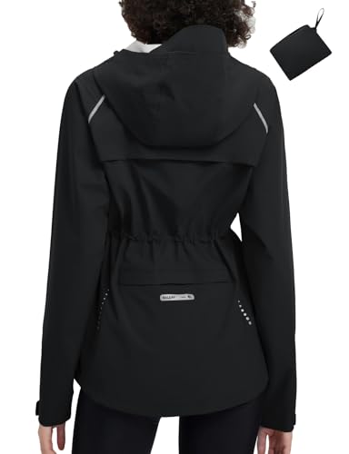 baleaf Women's Rain Jackets Waterproof Windbreaker Packable Lightweight Cycling Running Jacket Hiking Gear Reflective Hooded Black XXL