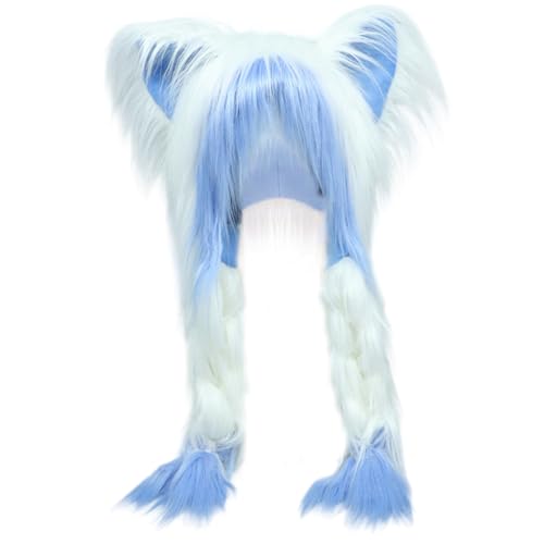 Chapeau oreille de chat en fourrure avec tresses bleu pour cosplay