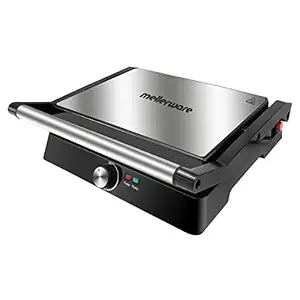 Mellerware INALSA Panini Grill Sandwich Maker 2200Watt - MWPG 01 with Adjustable Thermostat Control & 180 Degree Opening |Non-stick coated plates|Big Size to Fit 4-Slice Bread, (Black/Silver), Small