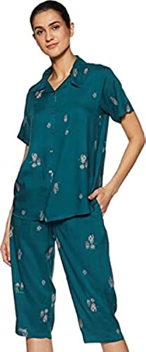 Image of Longies Women's Rayon Pyjama Night Suit Regular Capri Set ((LGRCSSY005 Blue Medium) M)