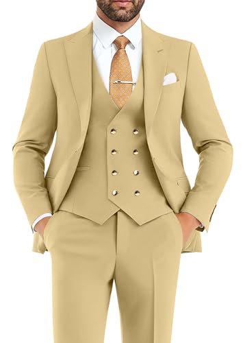 Mens Suit 3 Piece Double Breasted Suit Men Slim Fit Formal Tuxedo Suit Set Groomsmen Wedding Prom Suits