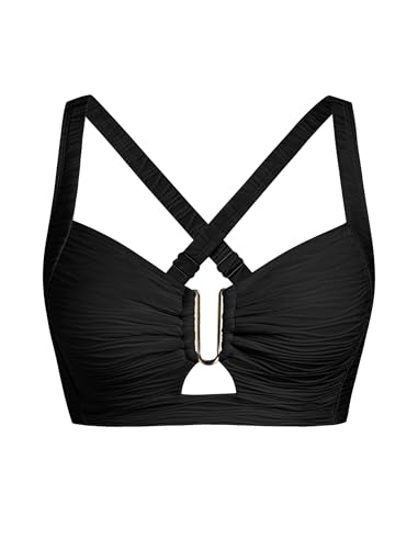 ZAFUL Black Texture Womens Bathing Suit Tops Only Thicker Band Cut Out Padded Push-Up Bra Retro and Vintage Swim Tops for Large Bust (Black Texture XL)