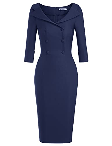 MUXXN Womens Gorgeous Fall Tunic Stretch Pinup Button Special Occasions Dress with Sleeves (Navy Blue S)