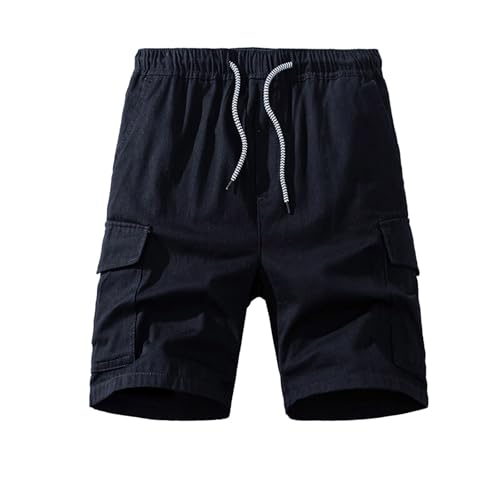 Image of Men's Elastic Waist Casual Shorts with Straight Leg, Lightweight Cotton for Summer Outdoor Activities, Adjustable Drawstring, 5 Pockets (Navy, XL)