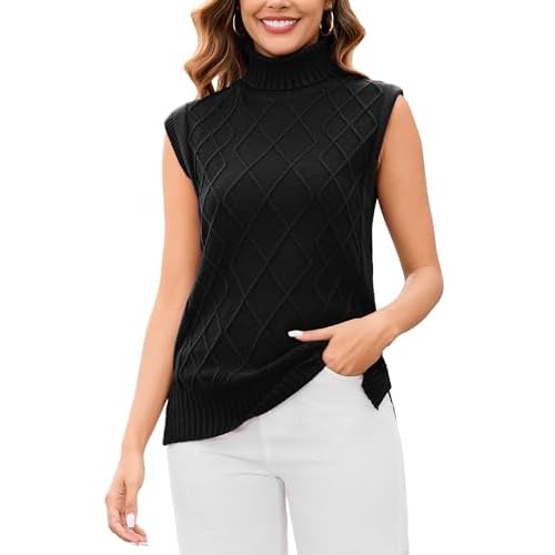Totatuit Womens Sleeveless Turtlenecks Sweaters Cap Sleeve Mock Neck Ribbed Knitted Solid Pullover Sweater Vest A_black Medium