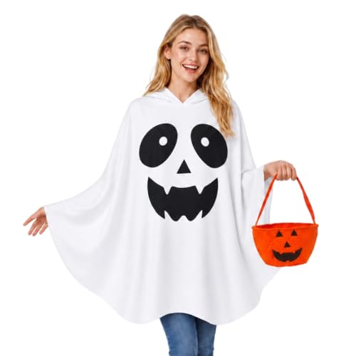 Ghost Poncho Costume Women, White Hooded Halloween Cape for Cosplay Party