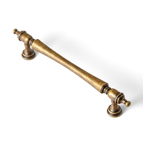 Goo-Ki 6 Pack 5 Inch Antique Brass Cabinet Pulls – Ornate Tapered Handle with Decorative Finials & Sculpted Detailing, Vintage Hardware for Kitchen & Furniture
