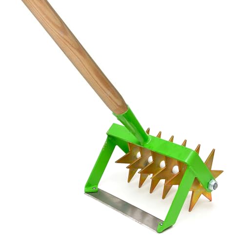 Rotary Soil Cultivator, 2-in-1 Hand Tool - Soil Rejuvenator and Weed Remover, Steel Rotary Hand Soil Scarifier Cultivator Head with Wooden Handle, 20 cm / 8″ Wide, Gardening and Farming Tool