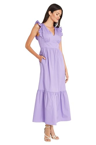 Maggy London Women's Dresses V-Neck Ruffle Details Cotton Poplin Maxi Dress, Sunlit Allium, 16