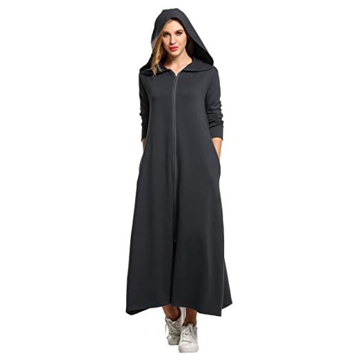 Zeagoo Womens Zip Up Hooded Robe Lightweight Sweatshirt Long Hoodie Jacket with Pockets Full Length Zipper Housecoat Loungewear Oversized Cardigan Hooded Dress, Grey, XX-Large