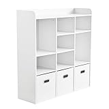 Redlife 7 Cube Bookshelf, White Cube Organizer with 3 Storage Bins, Wooden 3-Tier Bookcase with Adjustable Shelves, Modern Floor Standing Open Shelf Cabinet for Bedroom, Living Room and Office