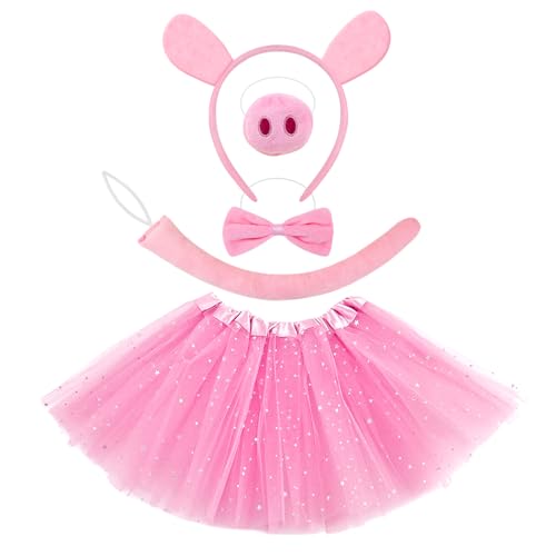 TUONYIS 5 piezas Conjunto Disfraz Cerdo Rosa Tutú Cola Nariz Pajarito Cerdo Orejas Headband, Juego de Disfraces de Animales para Niños Niñas Jungle Party Carnaval Cosplay Halloween Fiesta (Rosa)