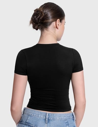 PUMIEY Women's Crew Neck Short Sleeve Tops Double Lined Slim Fit T Shirts Basic Tee Smoke Cloud Pro Collection4