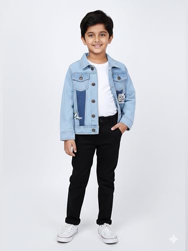 Image of KiddoPanti Boys Denim Jacket | Cotton Poly Blend with Spandex | Washed Denim, Full Sleeve | Button Closure & Front Flap Pockets | Collared Neck