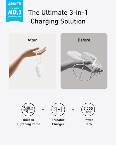 Anker 3-in-1 Power Bank, 5,000mAh Portable Charger with Built-in Lightning Cable and Foldable AC Plug, 30W Max Compact Battery Pack, for iPhone 14 Series, Galaxy, MacBook, and More