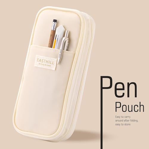 Image of Mrsdry Nylon Large Capacity Pencil Pouch, Durable Storage Multiple Compartment Double Zipper Portable Capacity Pencil Box for Kids College Student Teen, 22X11Cm (Beige)