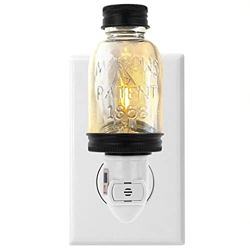 Rustic Led Mini Mason Jar Night Light In Black | Auto On/Off Sensor | Farmhouse Decor | Cute Country Nightlight | Energy Efficient Led Bulb | Timeless Design #TOP20