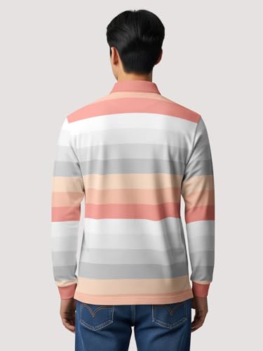 Image of BULLMER White Striped Printed Polo Neck Fullsleeve Tshirt with Rib for Men.
