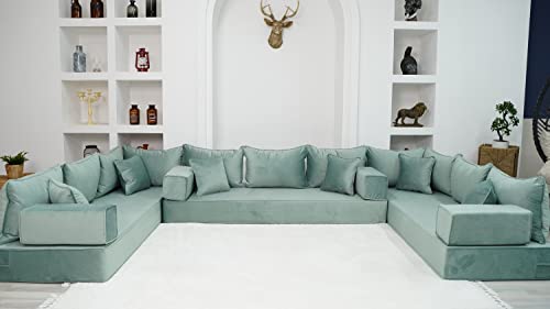 8" Thickness U Shaped Floor Seating Sofas, Sectional Sofa Covers, Water Green Luxury Velvet Floor Sofa, Moroccan Livingroom Sofa Set, Arabic Seating Couch (U Sofa + Ottoman + Pillows) #TOP7