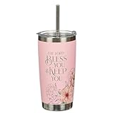 Christian Art Gifts Reusable Stainless Steel Scripture Travel Mug Tumbler w/Straw for Women: Bless You & Keep You Bible Verse, Double Wall Vacuum Insulated, Pop-up Lid, Hot/Cold, Pink Floral, 18 oz.