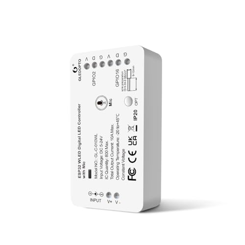 GLEDOPTO ESP32 WLED Controller Digital LED Strip Light Controller mit MIC Funktion DIY Lichteffekt 100+Support WS2811 SK6812 SM16703P WS2812B etc. Adressierbar Lichtleisten DC5-24V (Modern)