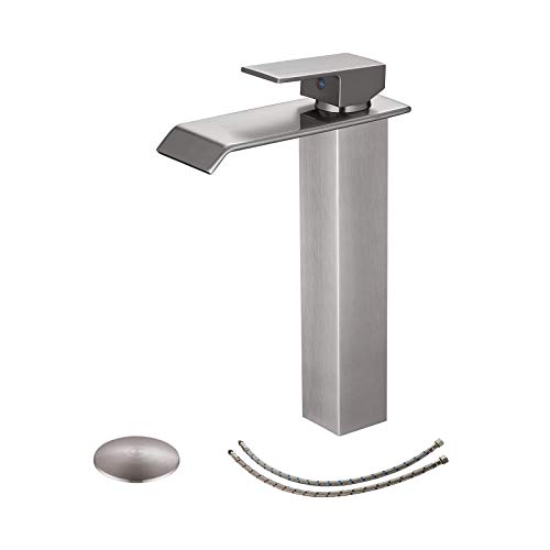 BWE Brushed Nickel Vessel Sink Faucet Waterfall with Pop Up Drain Assembly and Supply Hose Lavatory Bathroom Faucet Single Handle Mixer Tap Deck Mounted BWE Brushed Nickel Vessel Sink Faucet Waterfall with Pop Up Drain Assembly and Supply Hose Lavatory Bathroom Faucet Single Handle Mixer Tap Deck Mounted