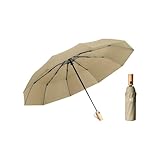 UTHDLM Paraguas Plegable Compacto 3 Pliegues, 10 Varillas Reforzadas, Mango de Madera Maciza, Protección contra Lluvia y Viento, Apertura y Cierre Automático, Ligero y Portátil, Hombre y Mujer(Khaki)