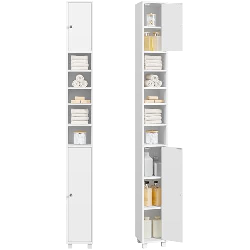 Yaheetech Mueble Columna de Baño Estrecho, Estanterías con 2 Puertas, Estantes Ajustables Espacio Abierto, Mueble Auxiliar de Almacenaje para Salón Dormitorio, 20x20x180cm, Blanco