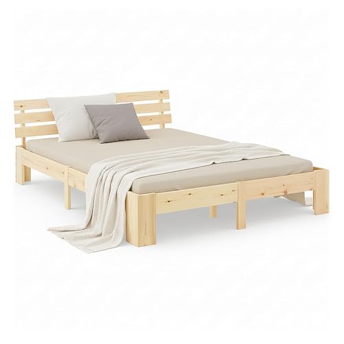 Homestyle4u Holzbett Bett 140x200 mit Lattenrost Massivholzbett Natur Doppelbett Bettgestell Kiefer Holz | Artikel 1837
