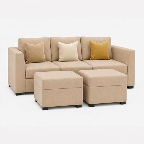 Image of FURNY Revona 5 Seater L Shape Sofa Set with 2 Movable Ottoman | Flexible Left or Right Layout | Plush Velvet Fabric (Beige) | Perfect for Living Room, Guest Room & Office
