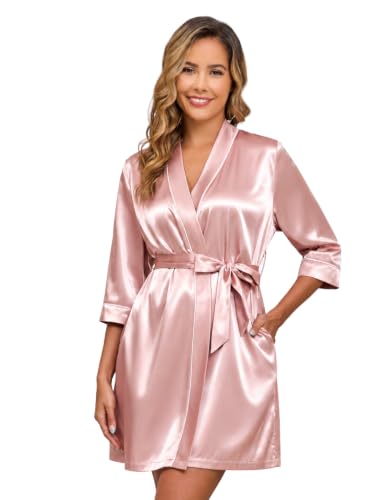 Image of Veseacky Robes for Women Short Robes with Pockets Spa Robe for Women Bridesmaid Bride Party Satin Robe Sleepwear