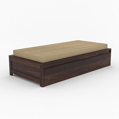 Image of Wooden Single Size Bed with Mattress for Living Room, Drawing Room & Bedroom | Space Saving Wooden Cot /Palang /Diwan with Trundle Drawer Storage | Solid Sheesham Wood | Walnut Finish