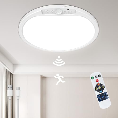 SonPen Akku LED Deckenleuchte mit Bewegungsmelder Innen 30cm Rund Deckenlampe mit Aufladbare 10000mAh Batterie & Fernbedienung | Kabellos IP44 Wasserdicht | für Flur Bad Küche Garage Keller
