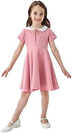 Big Girl Dress Peter Pan Collar Short Sleeve Back Zipper School Uniform Casual Summer Dresses for 2-12 Years
