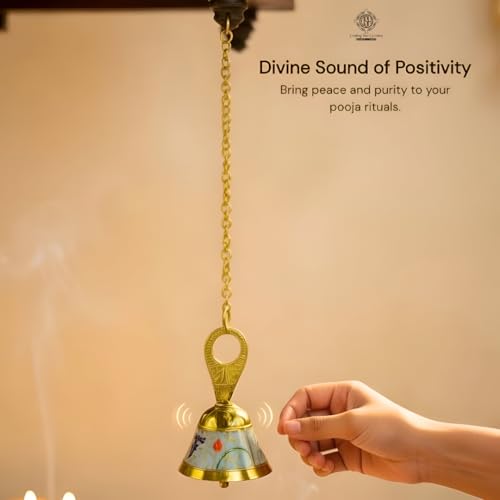 Image of DSH Pure Brass Hanging Bell with Chain for Temple Mandir Door Home Decorative Ringing Bell (Sky, 1)